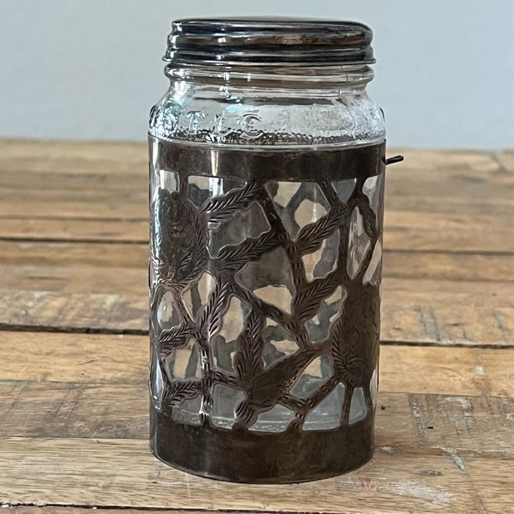 Vintage Nestle 925 Sterling Silver Glass Jar Floral Overlay 4.75"